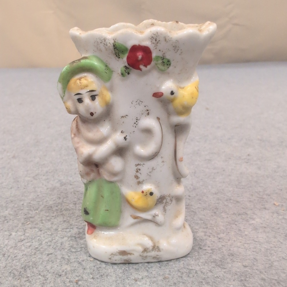 Vintage Ceramic Bud Vase Girl with Birds Made in Japan White Green Yellow